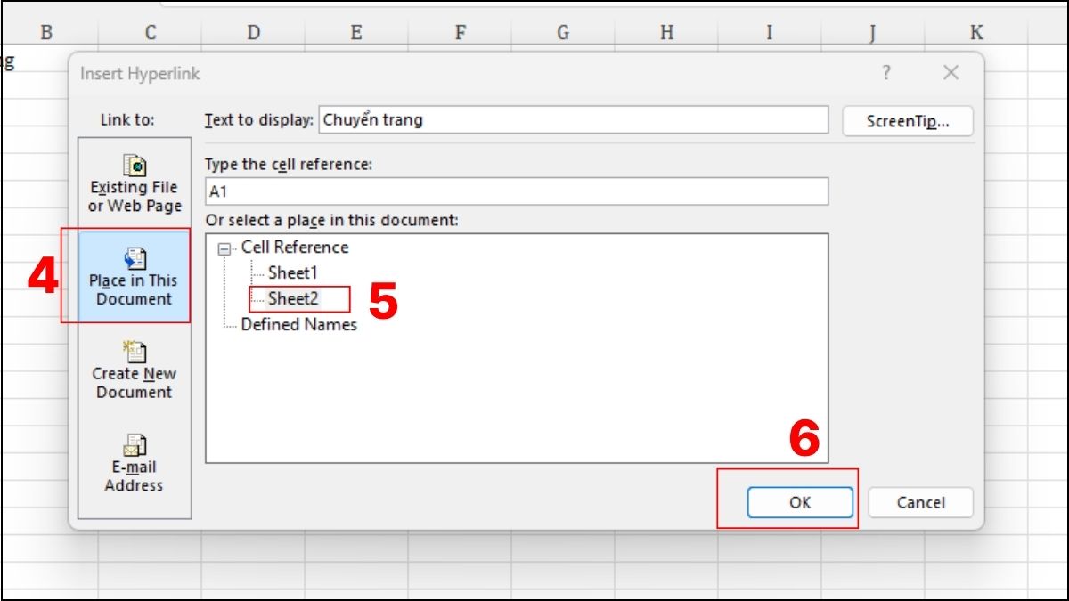 Tạo siêu liên kết Hyperlink đến sheet có sẵn trong Excel bước 3