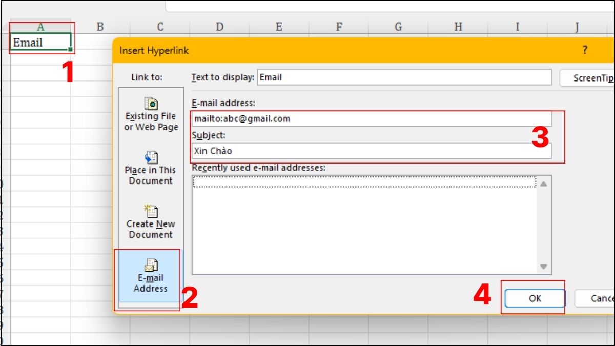 Tạo siêu liên kết hyperlink Email trong Excel
