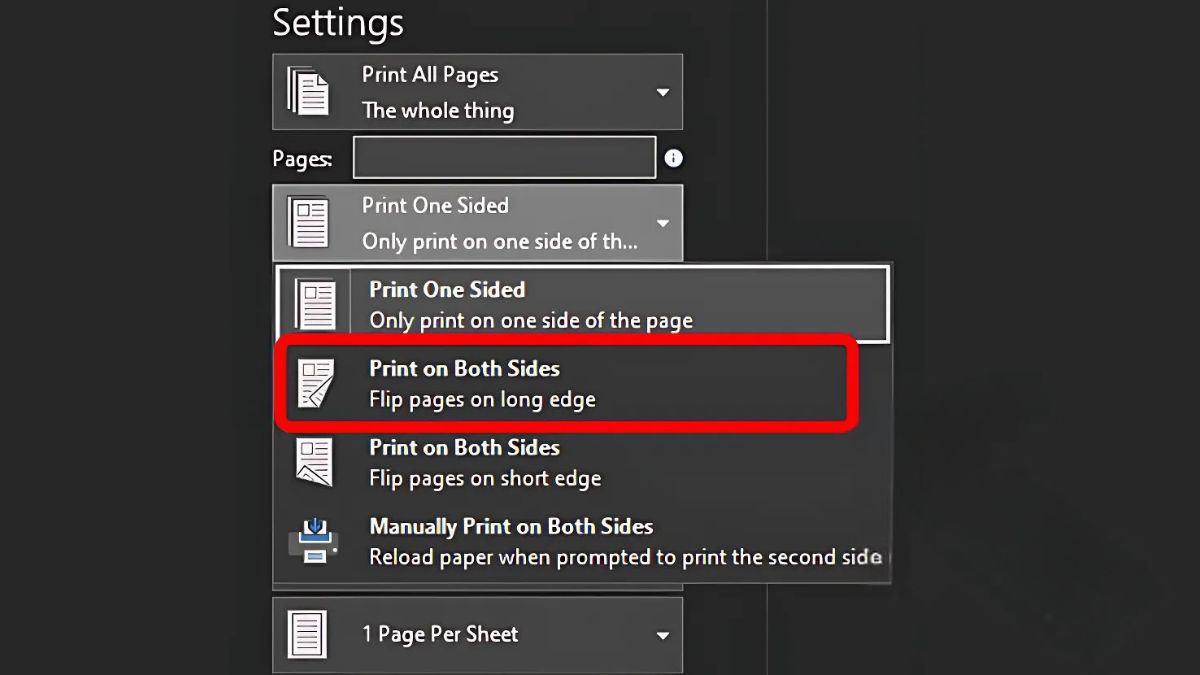 Chọn đúng chế độ Print on both sides khi thiết lập in