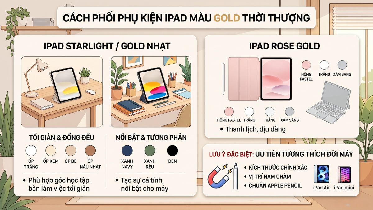 Cách phối phụ kiện thời thượng cùng iPad màu Gold