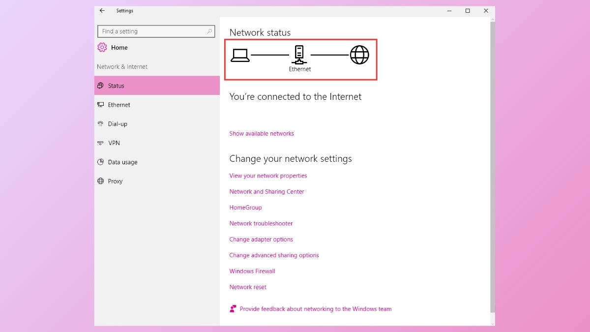 Mở Settings để kiểm tra trạng thái Network & Internet
