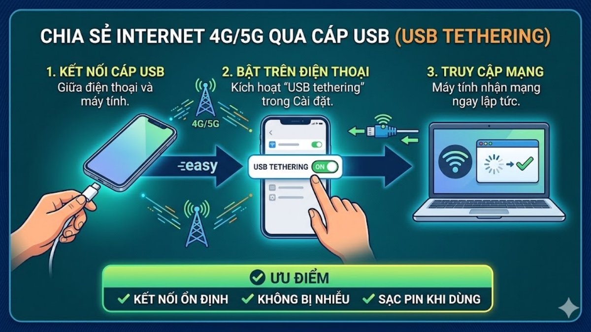 Sử dụng USB tethering để chia sẻ 4G/5G