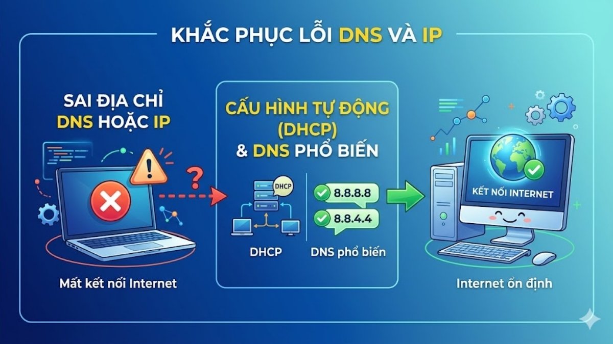 Máy không kết nối được Internet do sai địa chỉ DNS hoặc IP