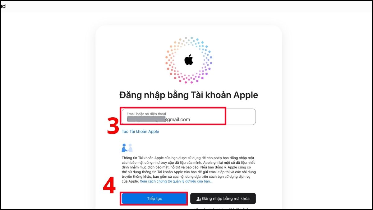 Nhập email để đăng nhập Tài khoản Apple