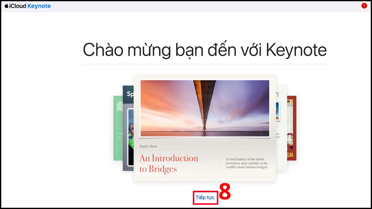 Chọn tiếp tục để đến truy cập Keynote