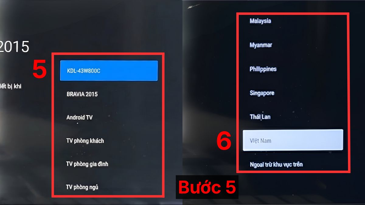 Đặt tên cho tivi và chọn quốc gia