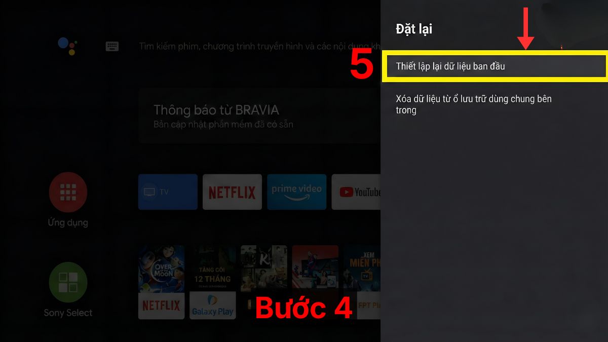 Cách khôi phục cài đặt gốc Smart tivi Sony bằng điều khiển bước 4