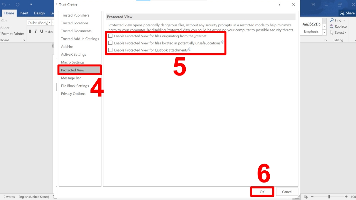 Tắt chế độ Protect View trong Word bước 3