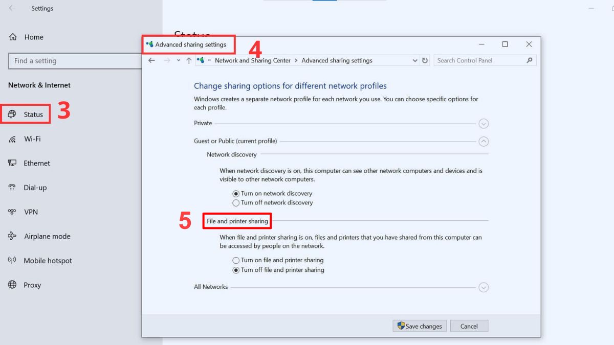 Tại giao diện Advanced sharing settings tìm đến mục File and printer sharing