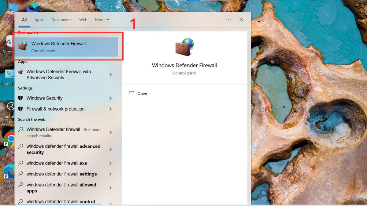 Gõ Windows Defender Firewall vào thanh tìm kiếm Taskbar