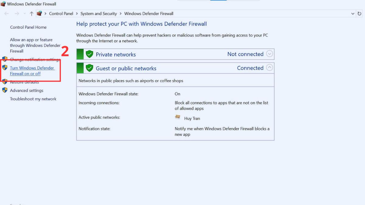 Chọn mục Turn Windows Defender Firewall on or off