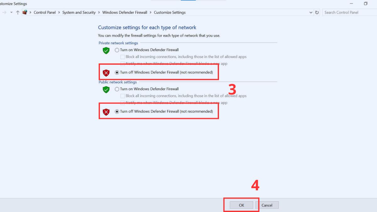 Tích chọn Turn off Windows Defender Firewall