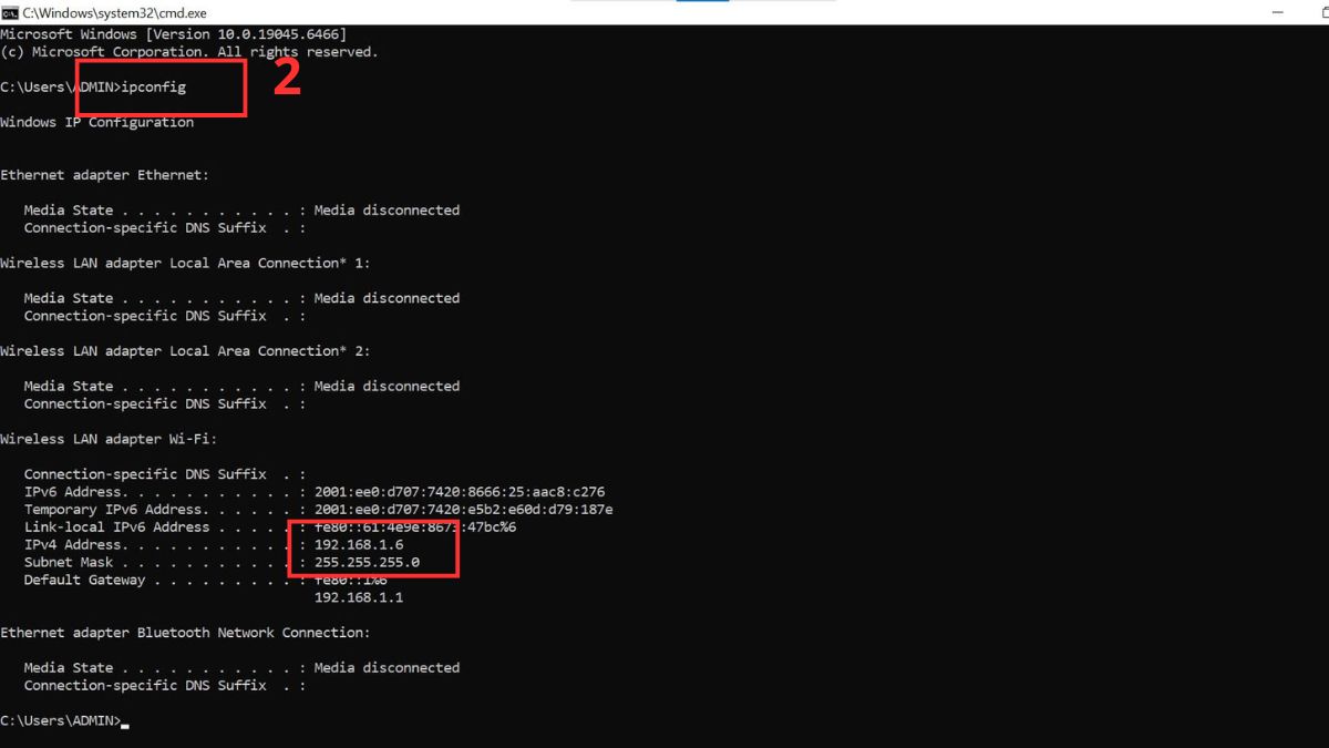  Nhập lệnh ipconfig rồi nhấn Enter