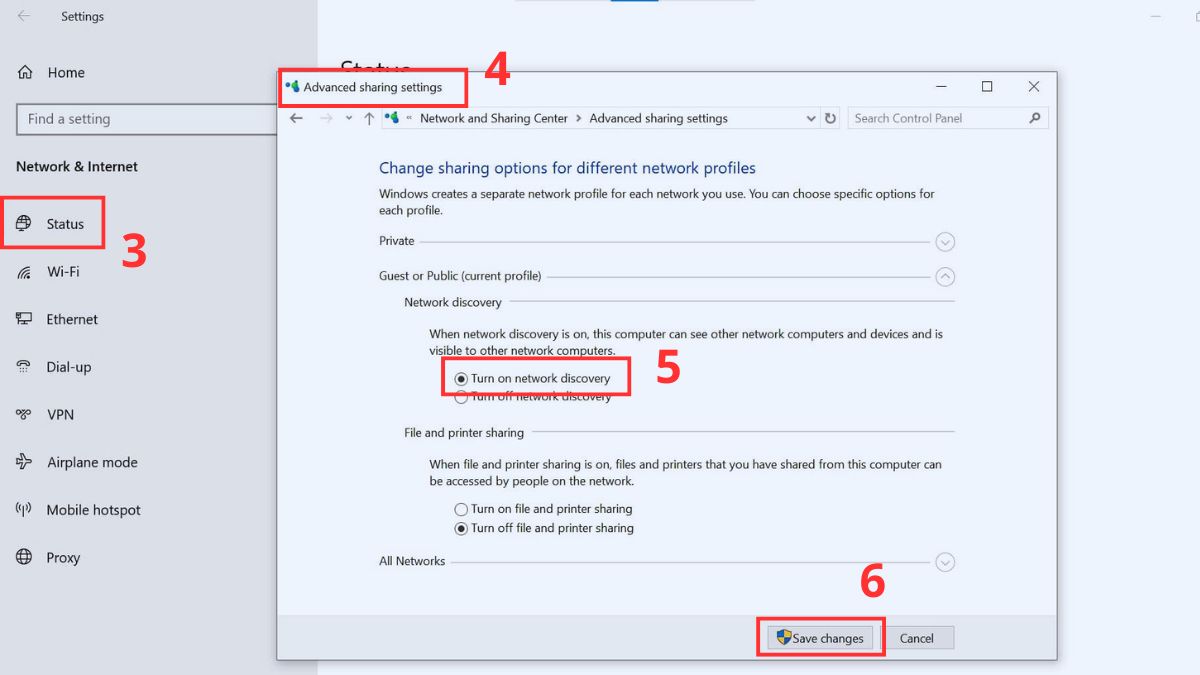 Nhấn vào mục Advanced sharing settings để mở bảng điều khiển