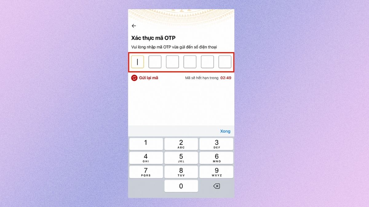 Nhập mã xác thực OTP gửi về điện thoại