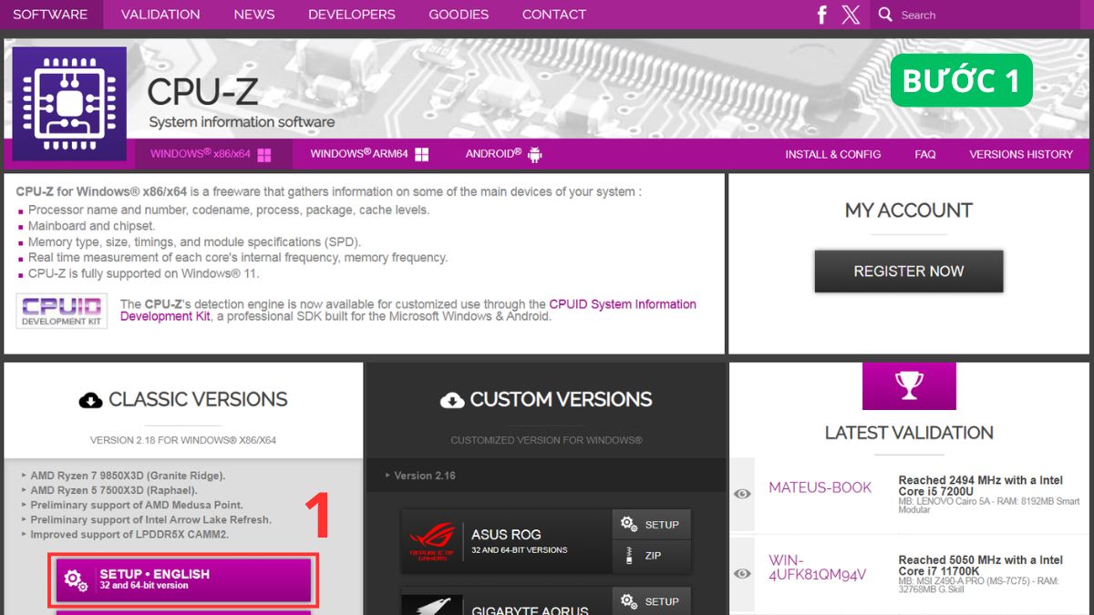 Sử dụng phần mềm CPU Z để kiểm tra cấu hình máy tính Windows bước 1 (Hình minh họa)