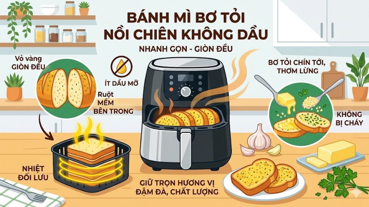 Làm bánh mì bơ tỏi bằng nồi chiên không dầu giúp bánh giòn và có độ đồng đều