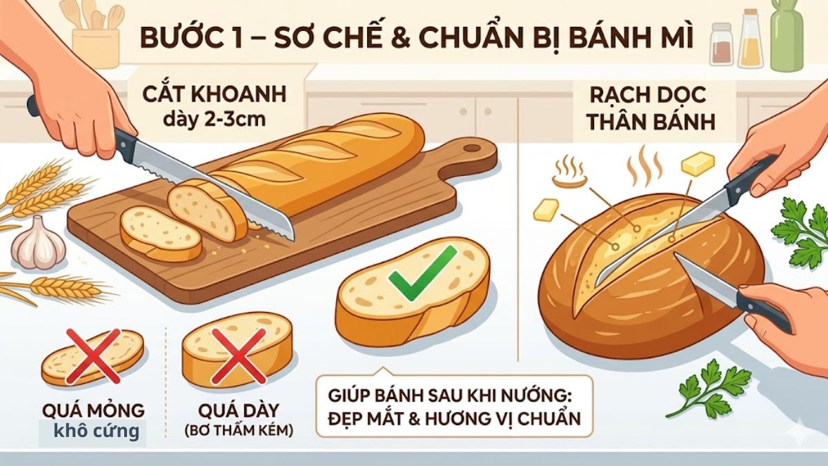 Sơ chế và chuẩn bị bánh mì cho món bánh mì bơ tỏi bằng nồi chiên không dầu