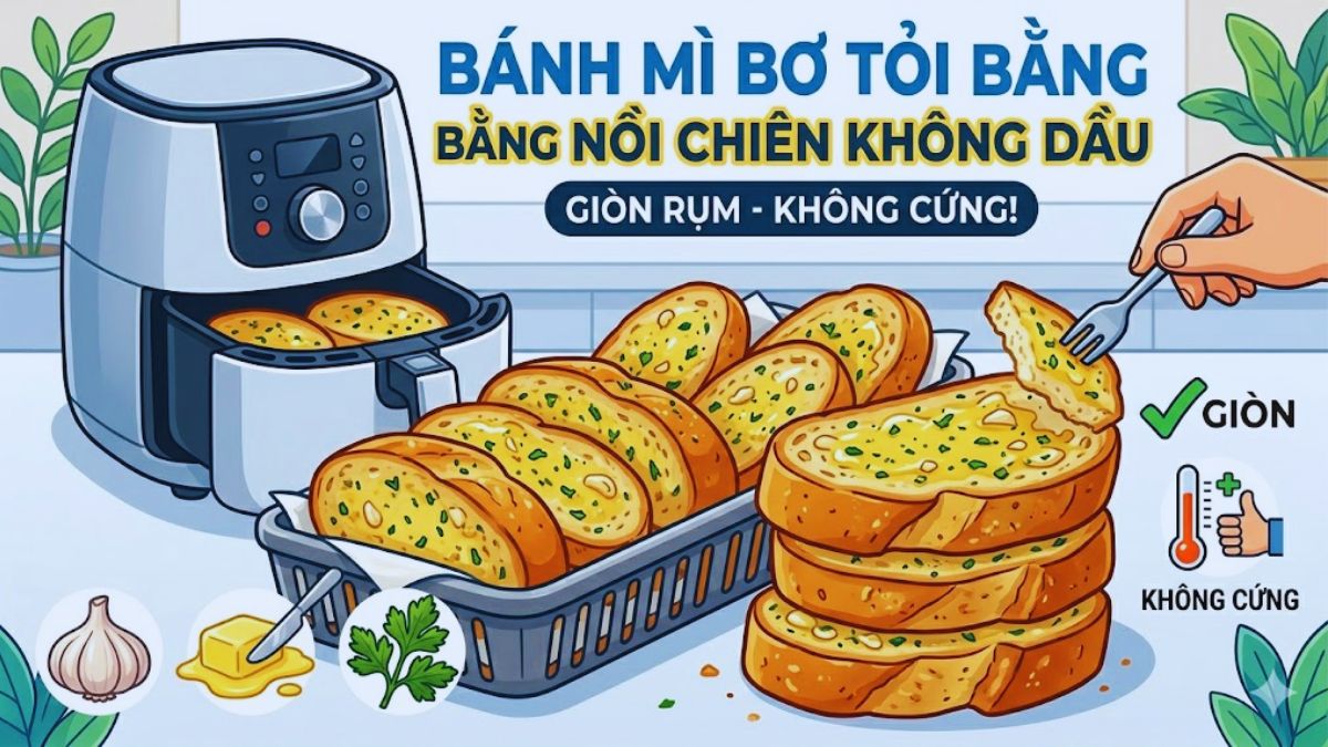 Cách làm bánh mì bơ tỏi bằng nồi chiên không dầu giòn, không bị cứng