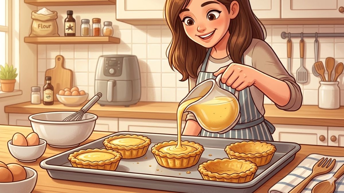 Tiến hành đổ nhân vào vỏ bánh tart trứng