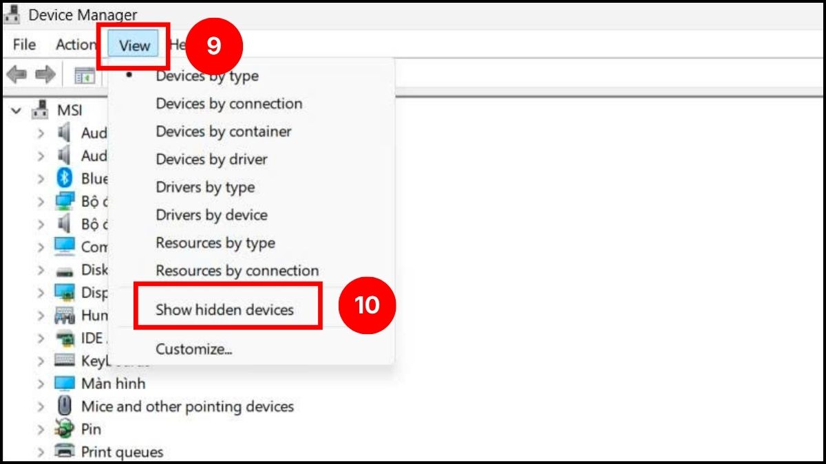 Bấm Show hidden devices để hiển thị các thiết bị bị ẩn