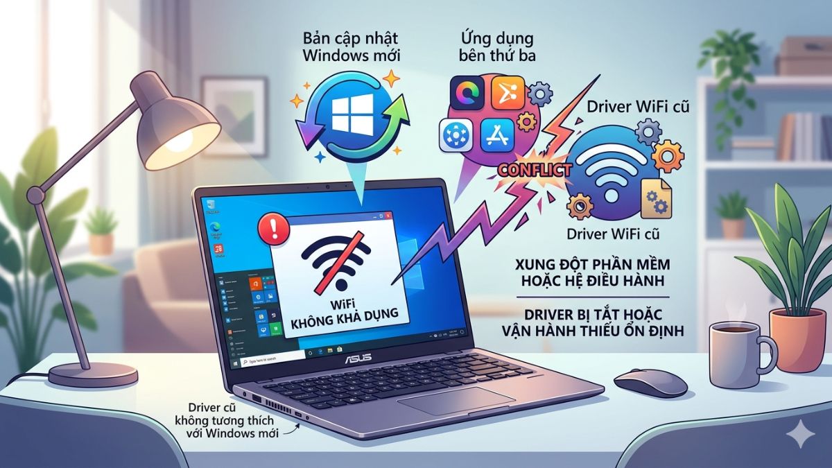 Xung đột phần mềm hoặc hệ điều hành khiến laptop ASUS mất Driver WiFi