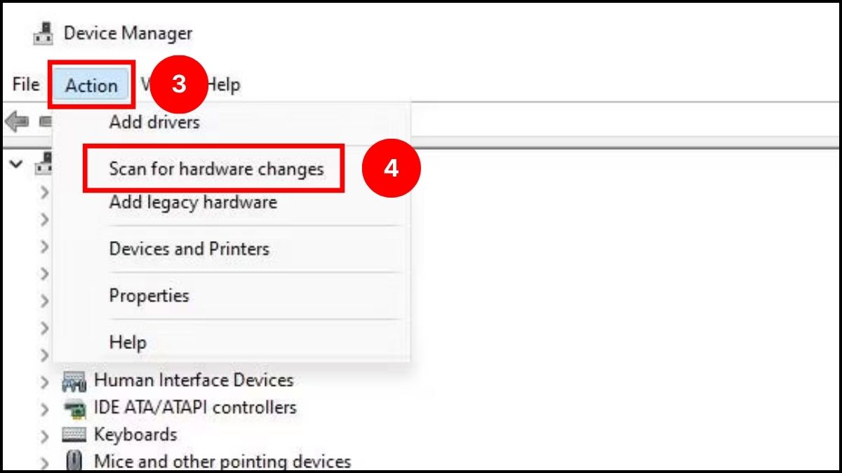 Quét lại phần cứng (Scan for hardware changes) bước 3