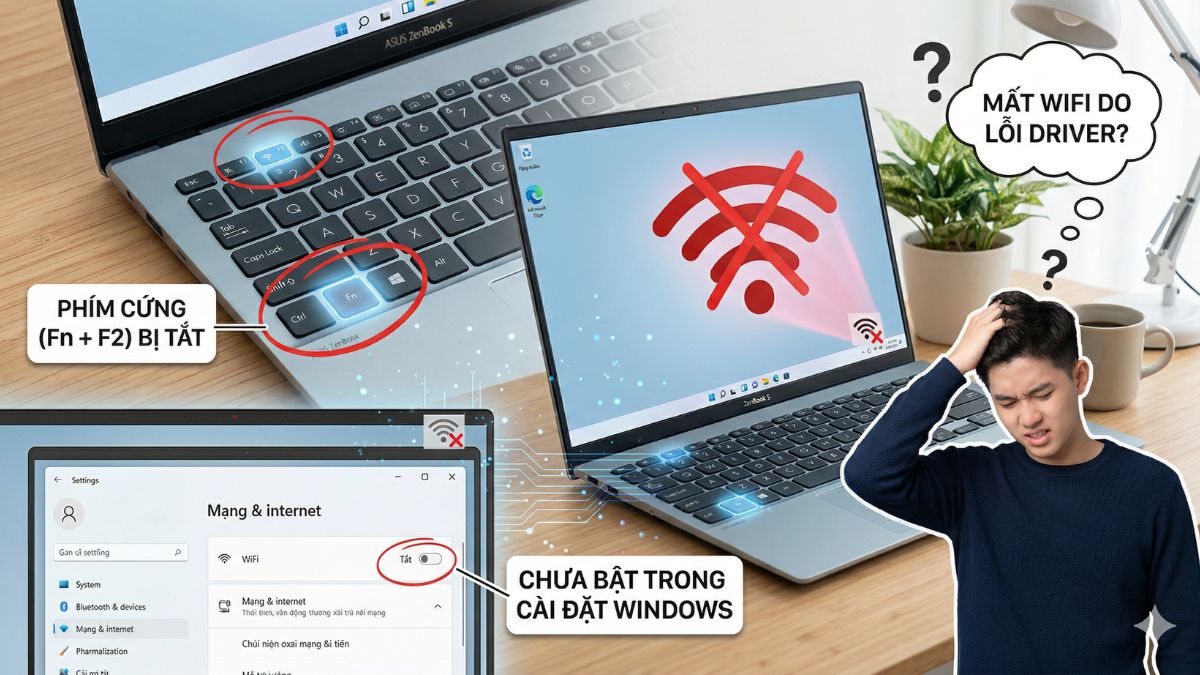 Chưa bật WiFi hoặc bị tắt bằng phím cứng
