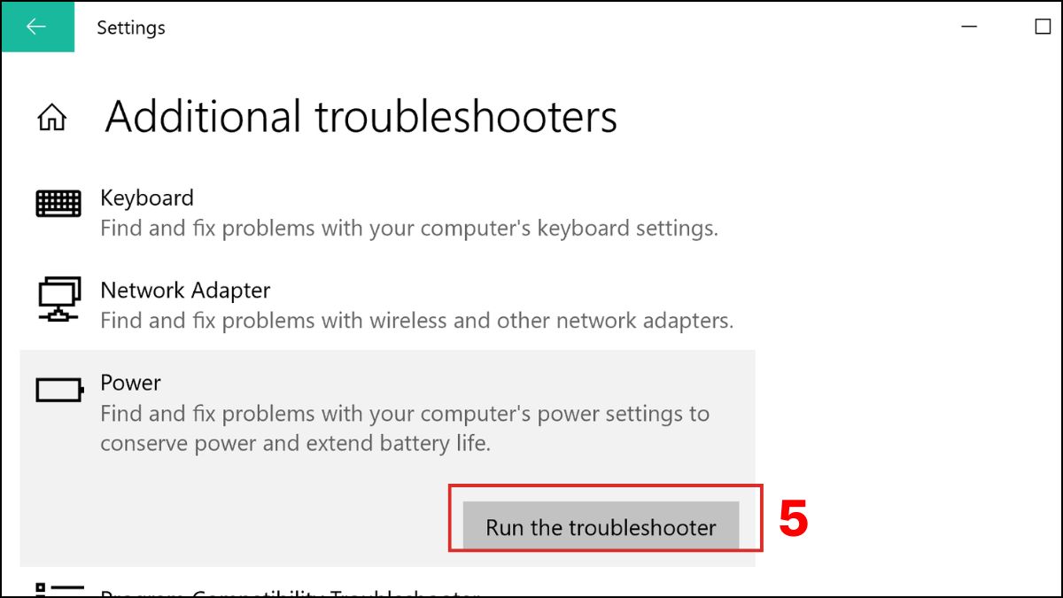 Chạy trình khắc phục sự cố nguồn điện Windows Troubleshoot bước 2