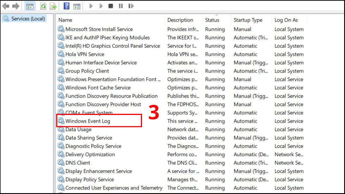 Kích hoạt dịch vụ Event Log để sửa lỗi laptop không hiển thị wifi bước 2