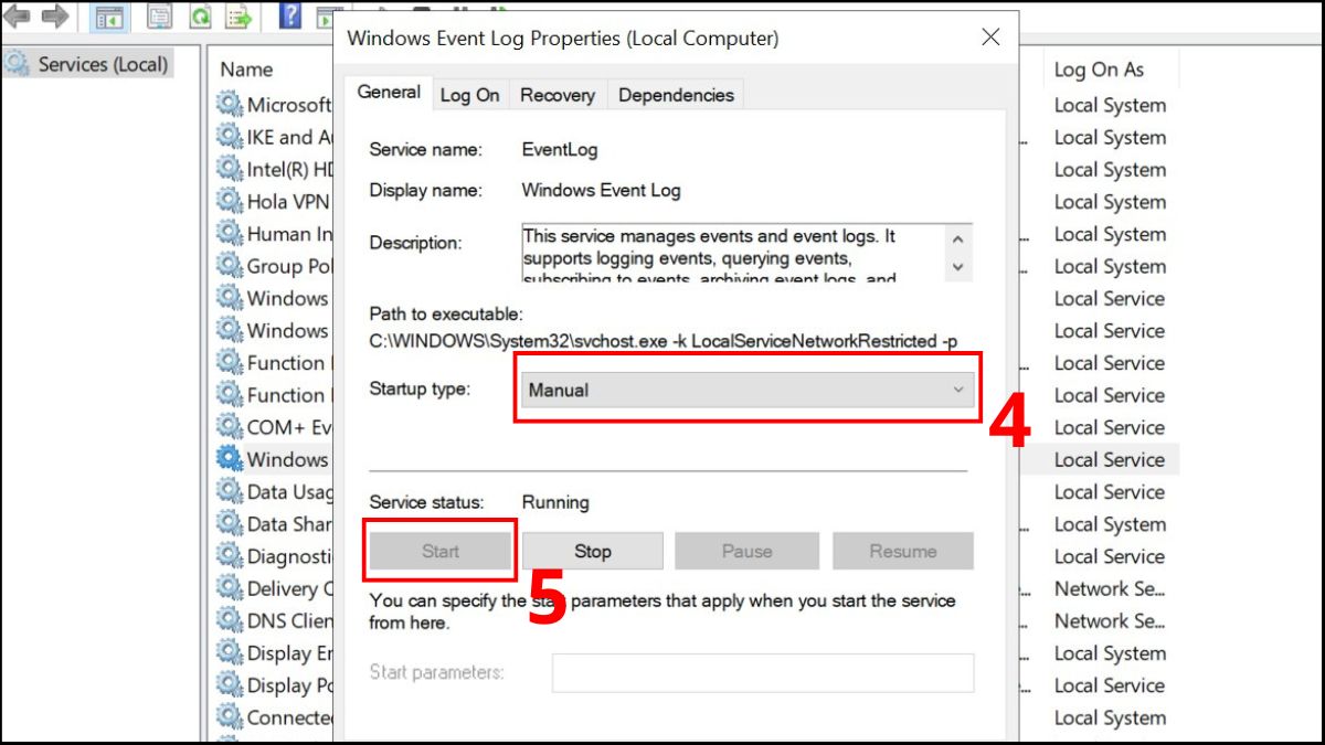 Kích hoạt dịch vụ Event Log để sửa lỗi laptop không hiển thị wifi bước 3