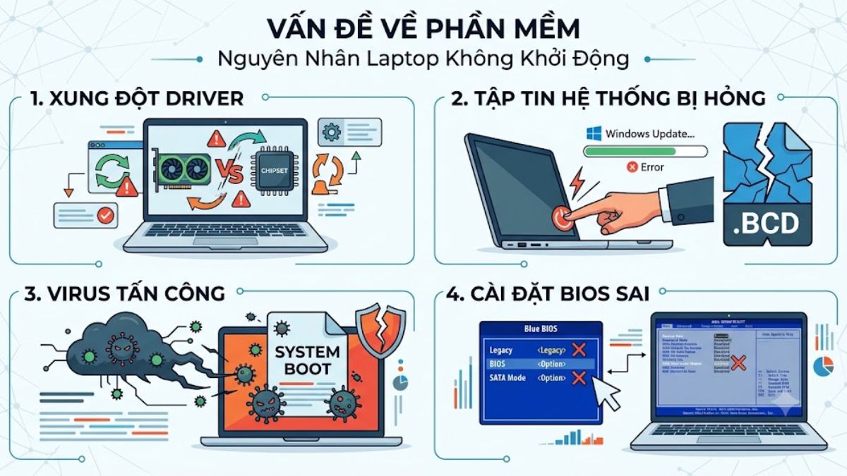 Vấn đề phần mềm khiến laptop không khởi động được