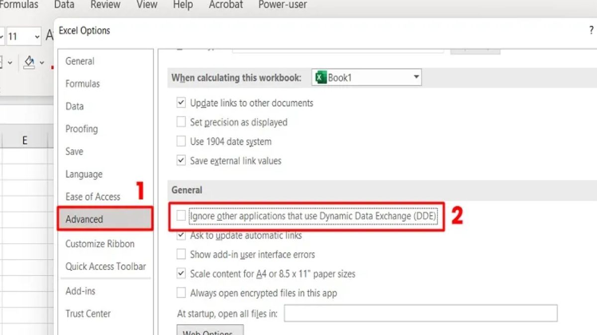 Bỏ tính năng Dynamic Data Exchange để sửa lỗi Excel không hiện nội dung bước 1 (Hình minh họa)