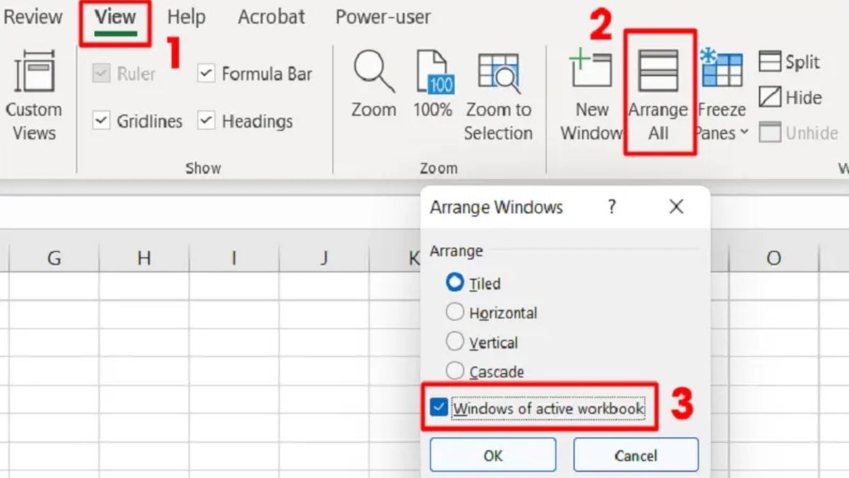 Sử dụng Arrange All để khắc phục lỗi file Excel không hiển thị bước 1 (Hình minh họa)