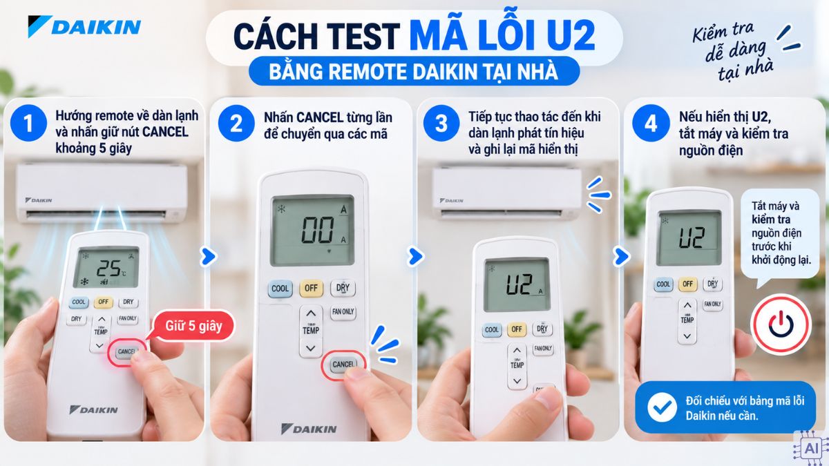 Cách test mã lỗi U2 bằng remote Daikin tại nhà bước 1