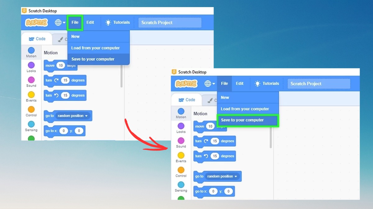 Cách lưu bài trên phầm mềm Scratch Offline đơn giản