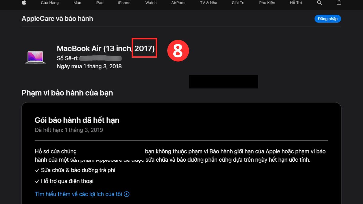 Xem kết quả năm sản xuất Apple Check Coverage trả về