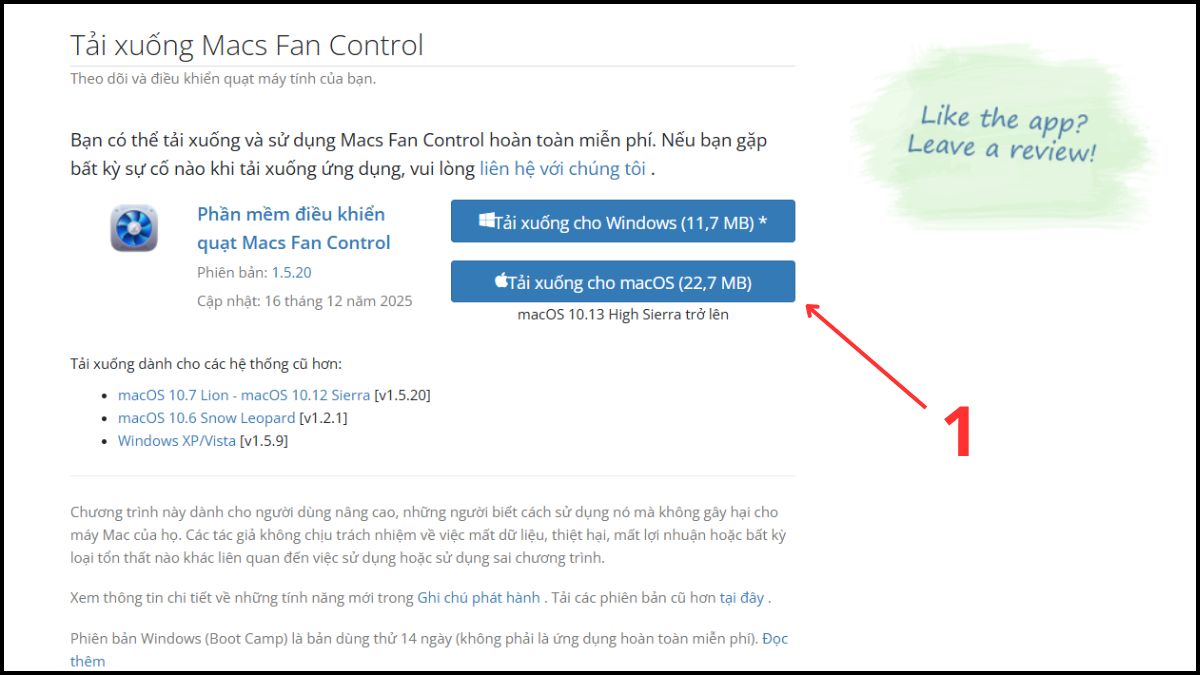Chọn tải xuống phiên bản Macs Fan Control phù hợp