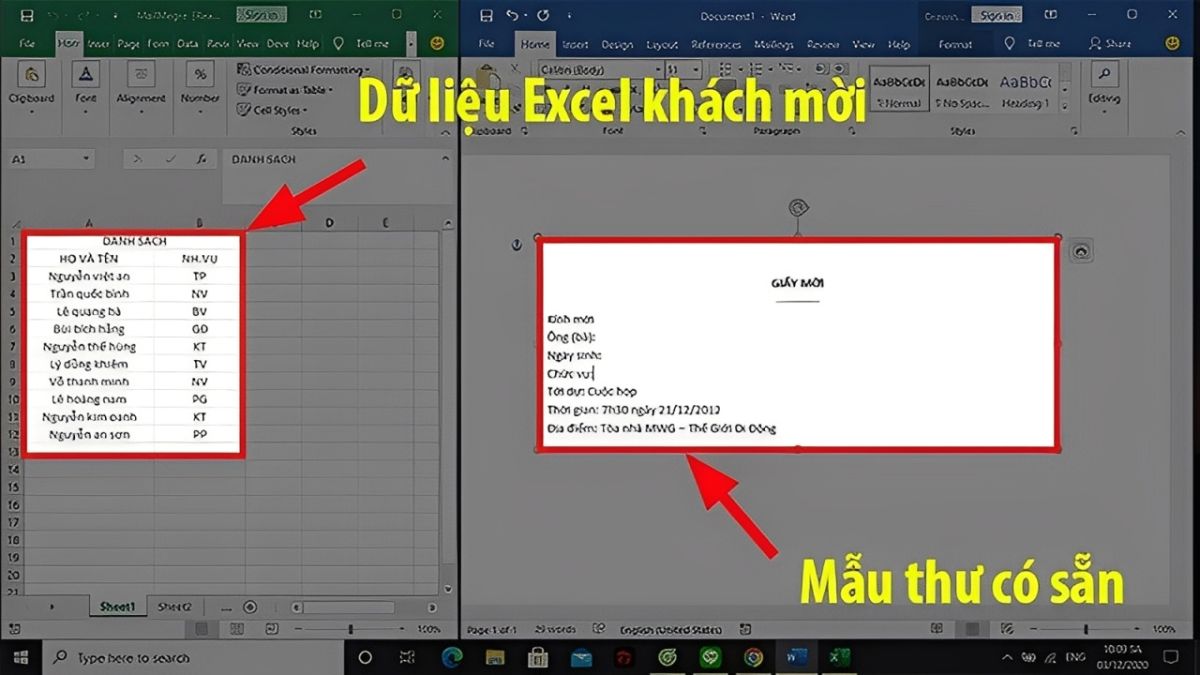 Trộn thư bằng cách sử dụng File Excel sẵn có bước 1