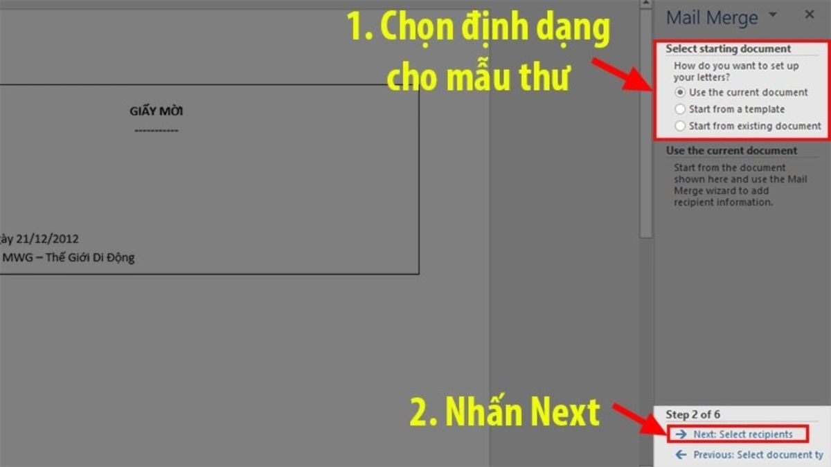 Trộn thư bằng cách sử dụng File Excel sẵn có bước 3