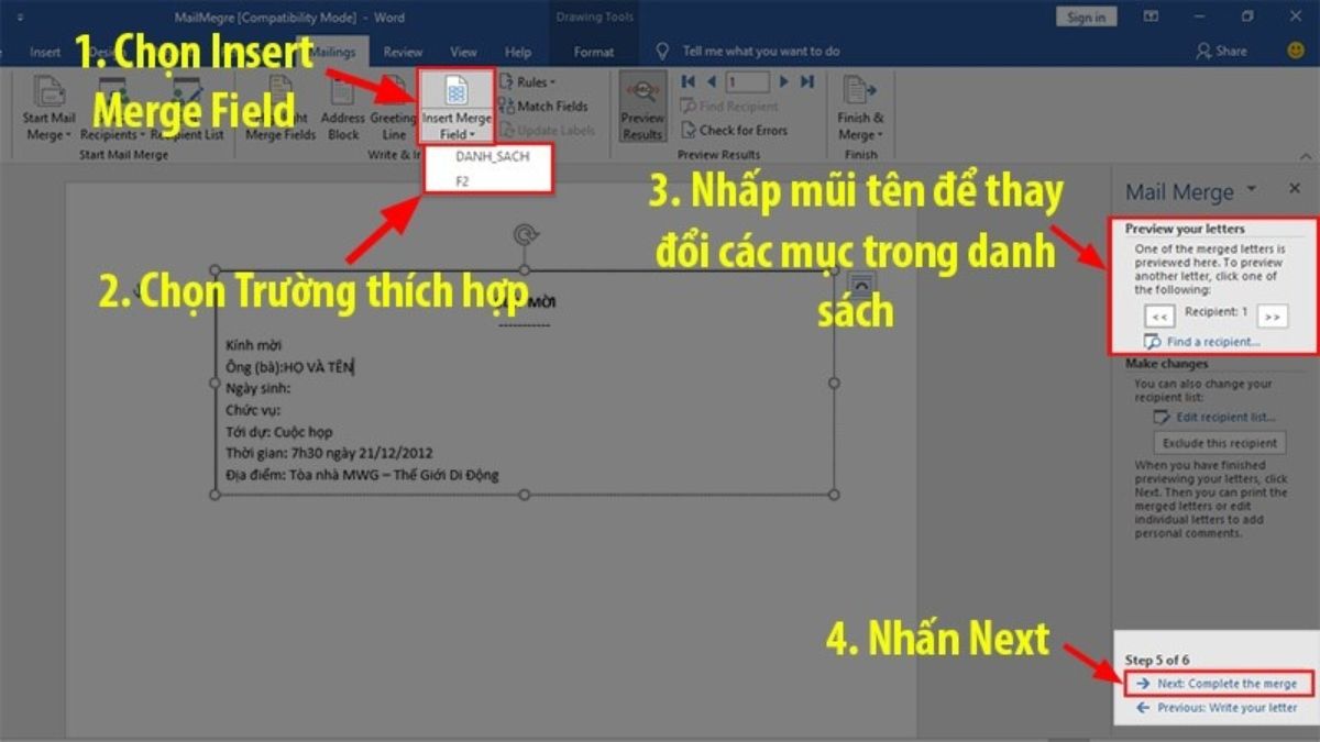Trộn thư bằng cách sử dụng File Excel sẵn có bước 4