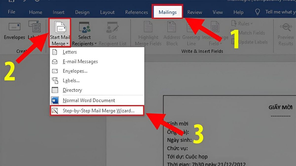 Tạo danh sách Mail Merge bước 1