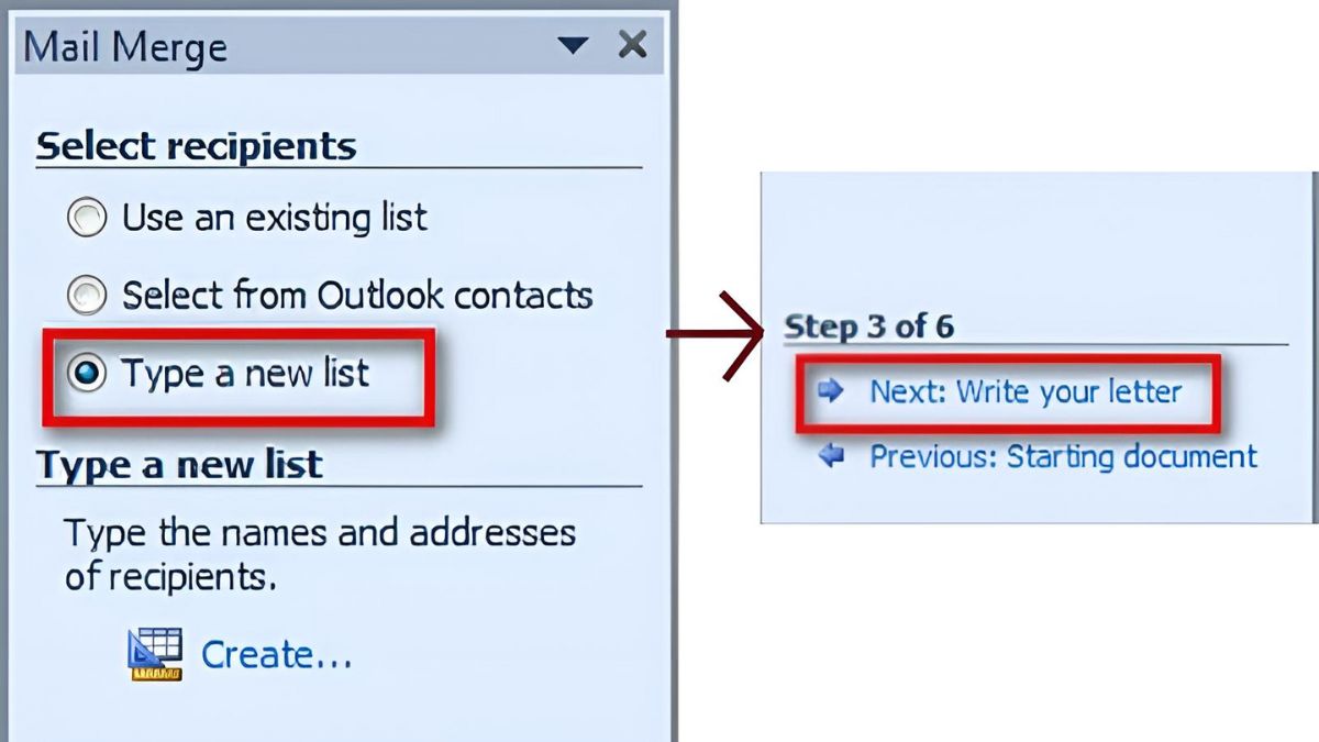 Tạo danh sách Mail Merge bước 2