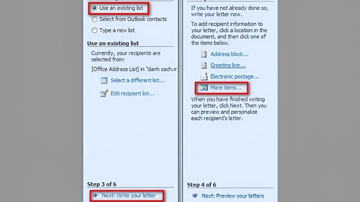 Bắt đầu thực hiện Mail Merge bước 3
