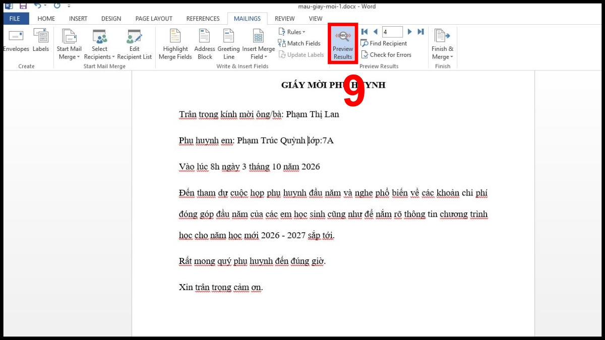 Cách tạo Mail Merge trong Excel bước 5