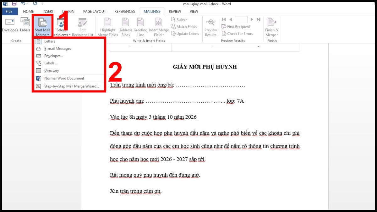 Cách tạo Mail Merge trong Excel bước 2