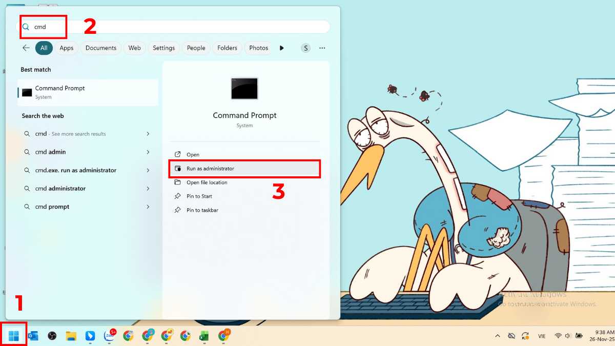 Sử dụng Command Prompt để sửa lỗi hệ thống bước 1