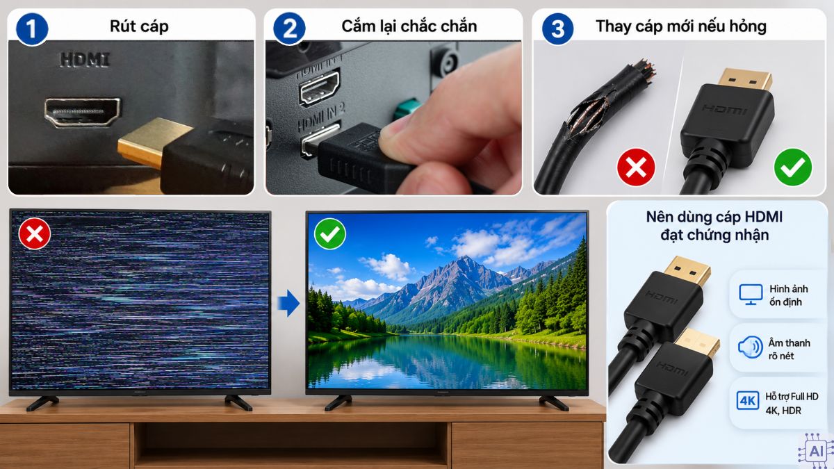 Kiểm tra và thay dây cáp kết nối để khắc phục tình trạng màn hình tivi bị nhiễu