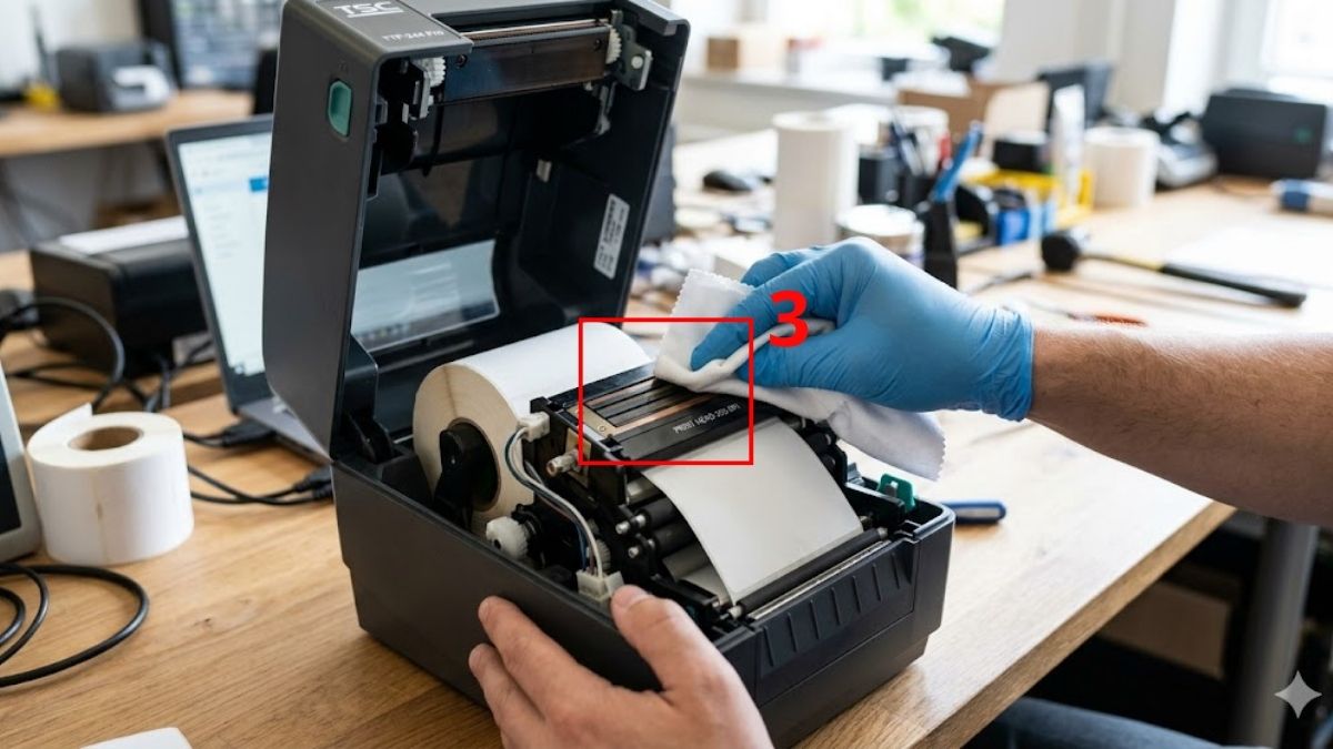 Vệ sinh đầu in nhiệt và trục cao su bước 3