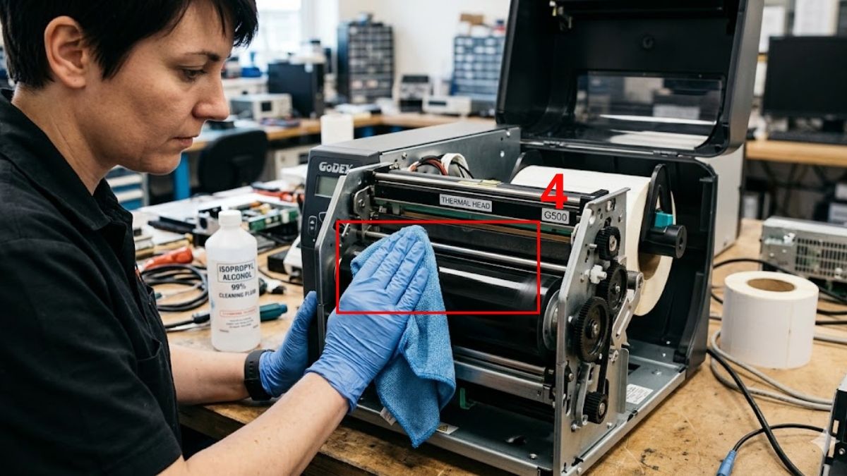 Vệ sinh đầu in nhiệt và trục cao su bước 4